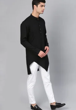 Solid Color Cotton Asymmetric Kurta Set in Black