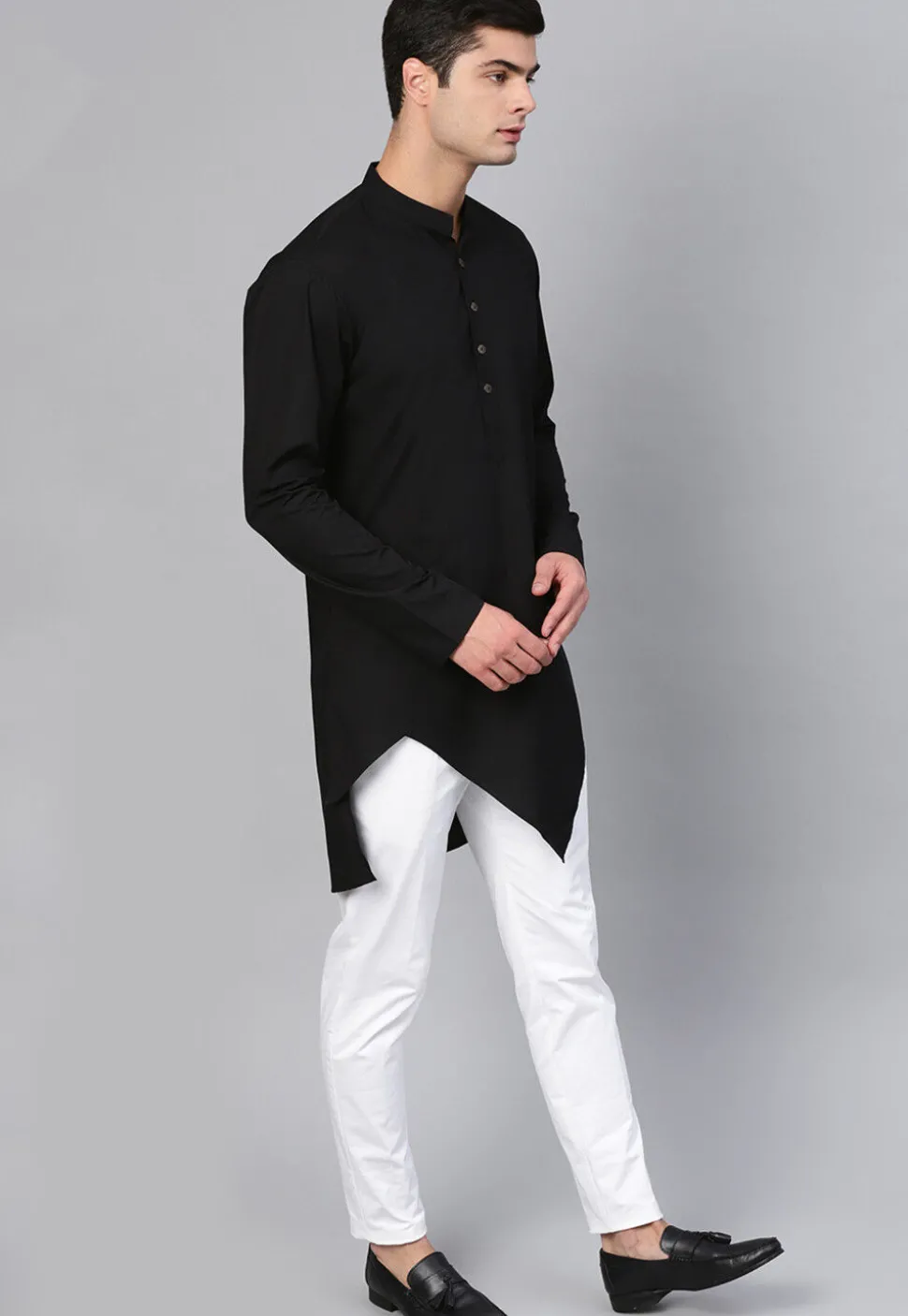 Solid Color Cotton Asymmetric Kurta Set in Black
