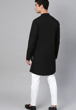 Solid Color Cotton Asymmetric Kurta Set in Black