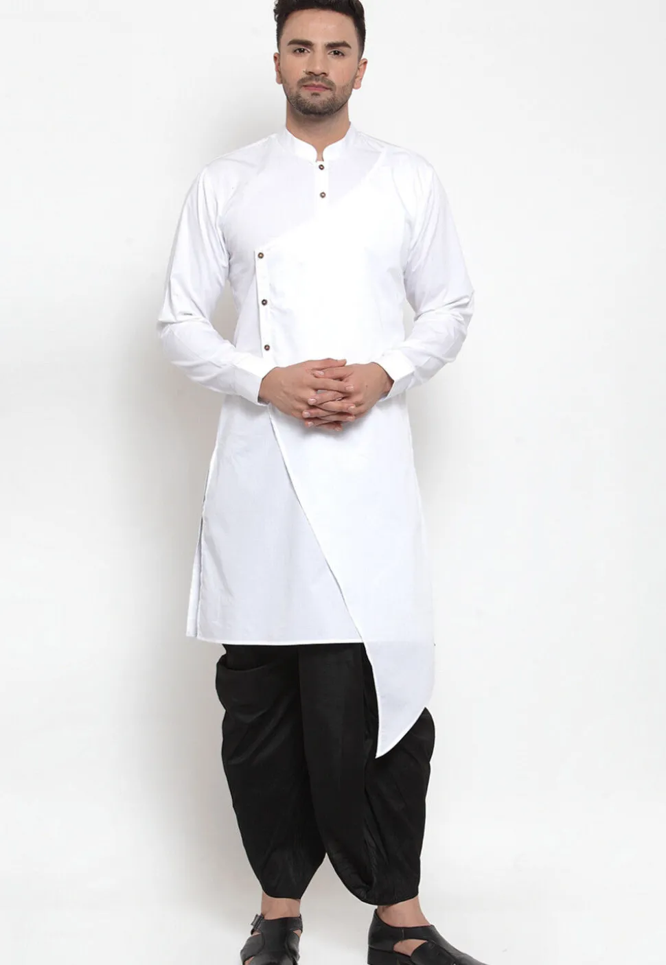 Solid Color Cotton Asymmetric Dhoti Kurta in White