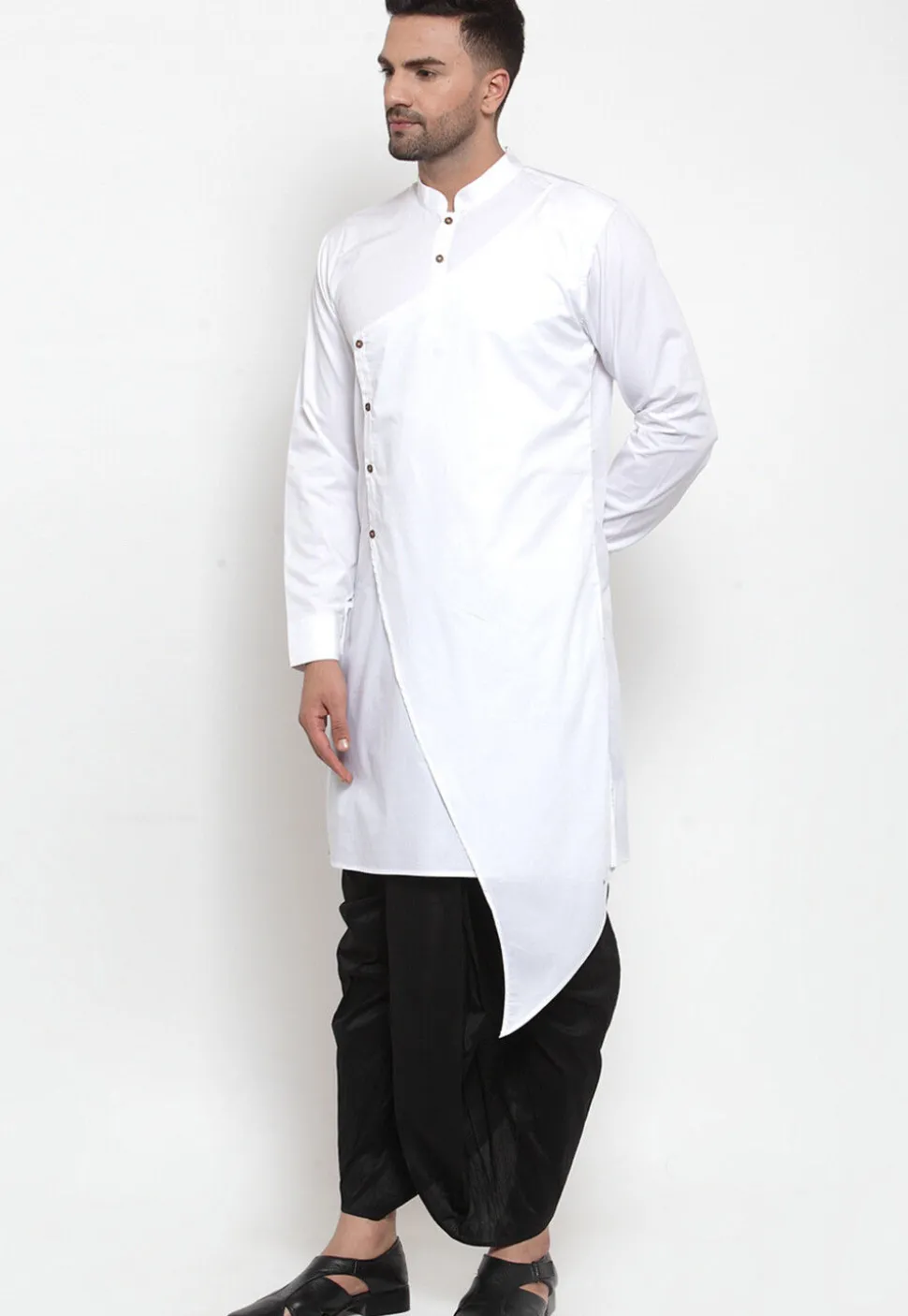 Solid Color Cotton Asymmetric Dhoti Kurta in White