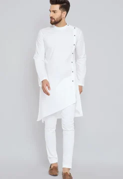 Solid Color Cotton Asymmetric Kurta Set in White