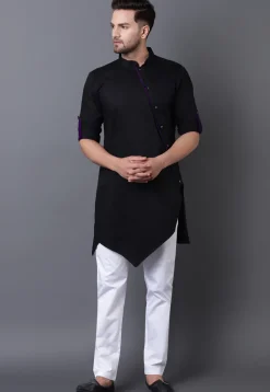 Solid Color Cotton Asymmetric Kurta Set in Black