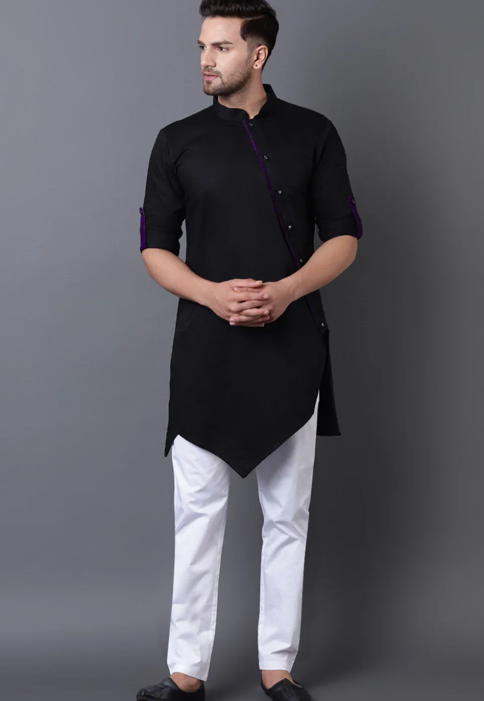 Solid Color Cotton Asymmetric Kurta Set in Black