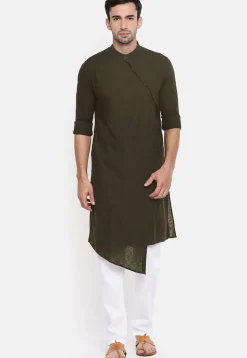 Solid Color Cotton Asymmetric Kurta Set in Dark Olive Green