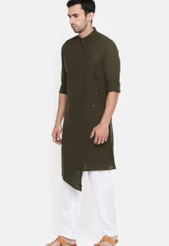 Solid Color Cotton Asymmetric Kurta Set in Dark Olive Green