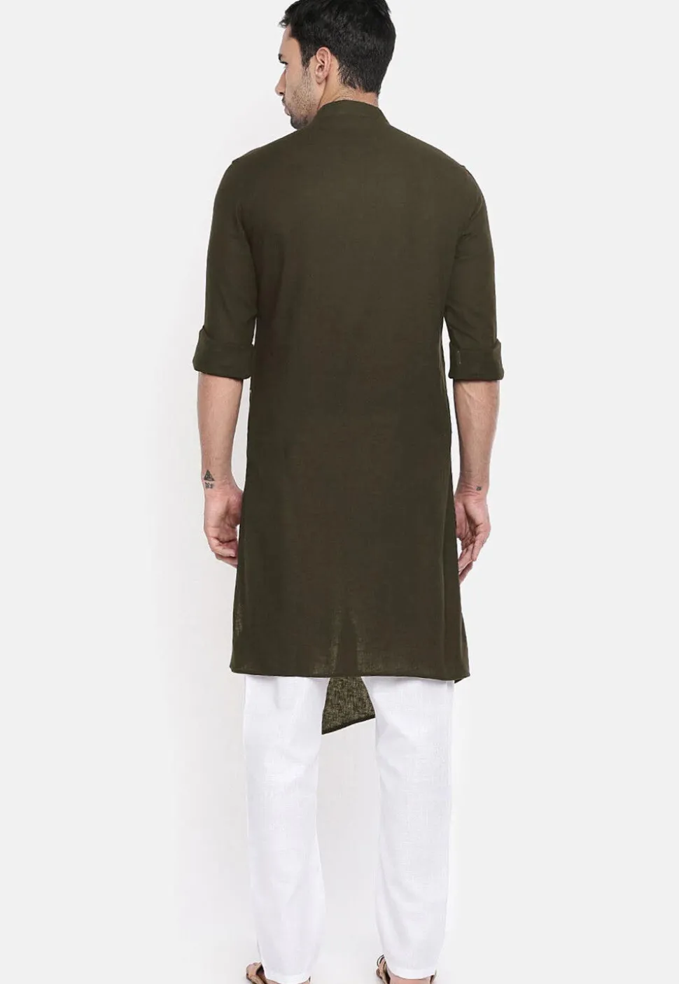 Solid Color Cotton Asymmetric Kurta Set in Dark Olive Green