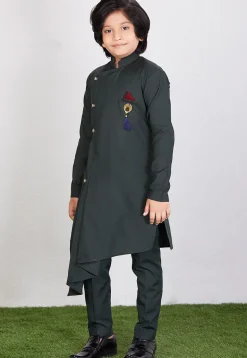 Solid Color Cotton Asymmetric Kurta Set in Dark Green