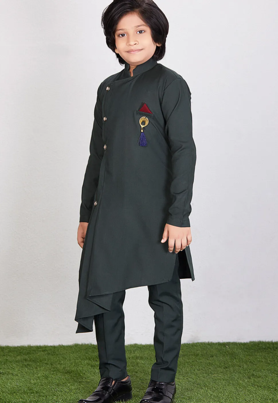 Solid Color Cotton Asymmetric Kurta Set in Dark Green