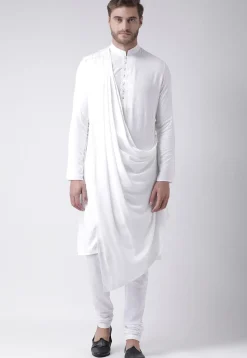 Solid Color Cotton Asymmetric Cowl Style Kurta Set in White