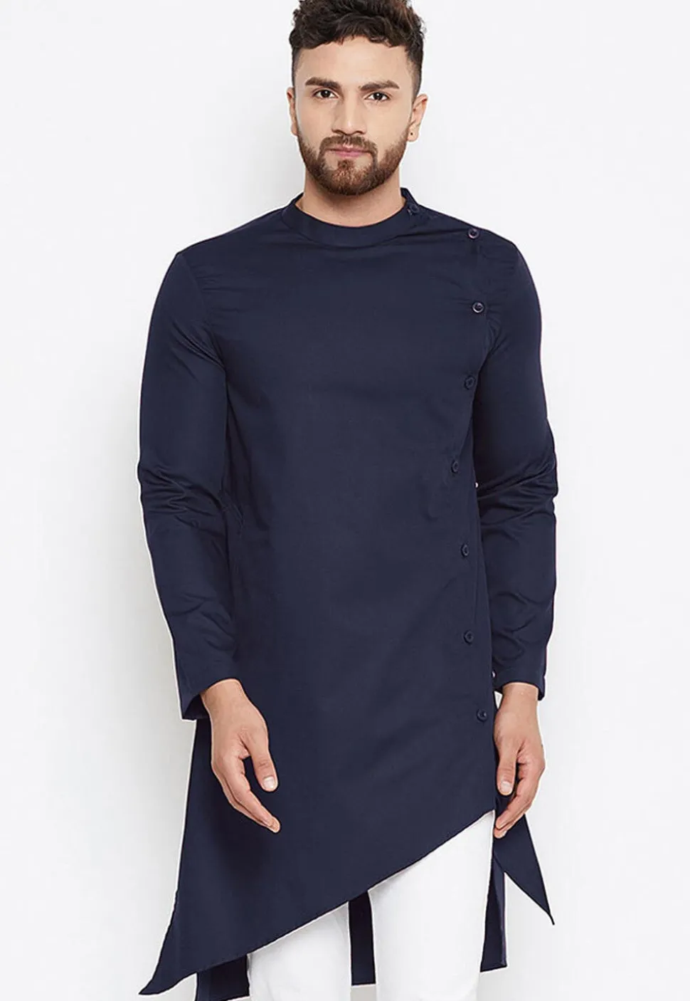 Solid Color Cotton Asymmetric Kurta in Navy Blue