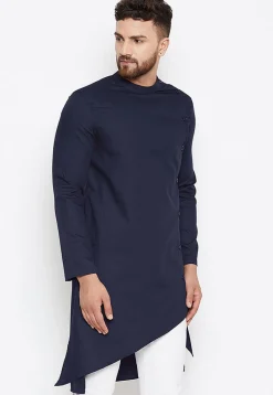 Solid Color Cotton Asymmetric Kurta in Navy Blue