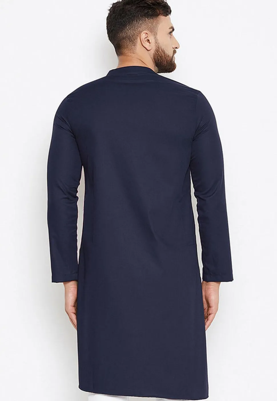 Solid Color Cotton Asymmetric Kurta in Navy Blue