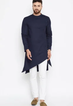 Solid Color Cotton Asymmetric Kurta in Navy Blue