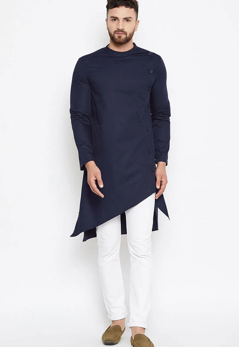 Solid Color Cotton Asymmetric Kurta in Navy Blue