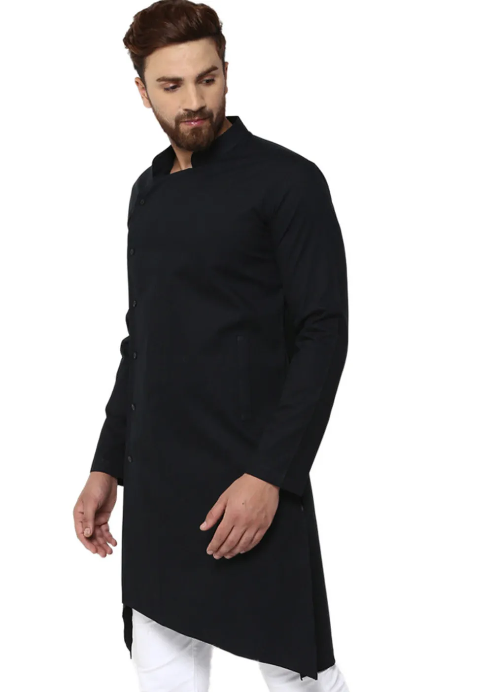 Solid Color Cotton Asymmetric Kurta in Black