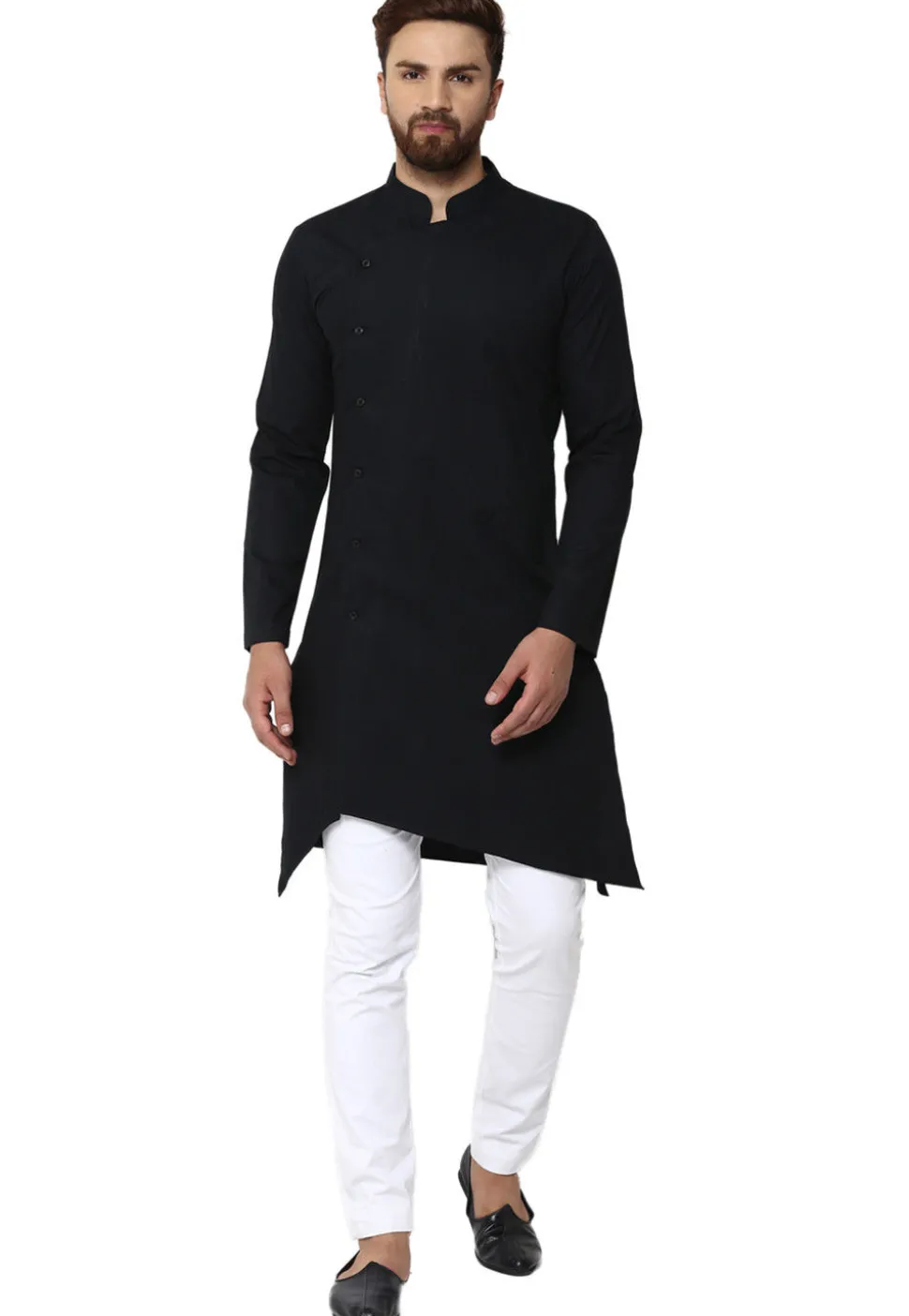 Solid Color Cotton Asymmetric Kurta in Black