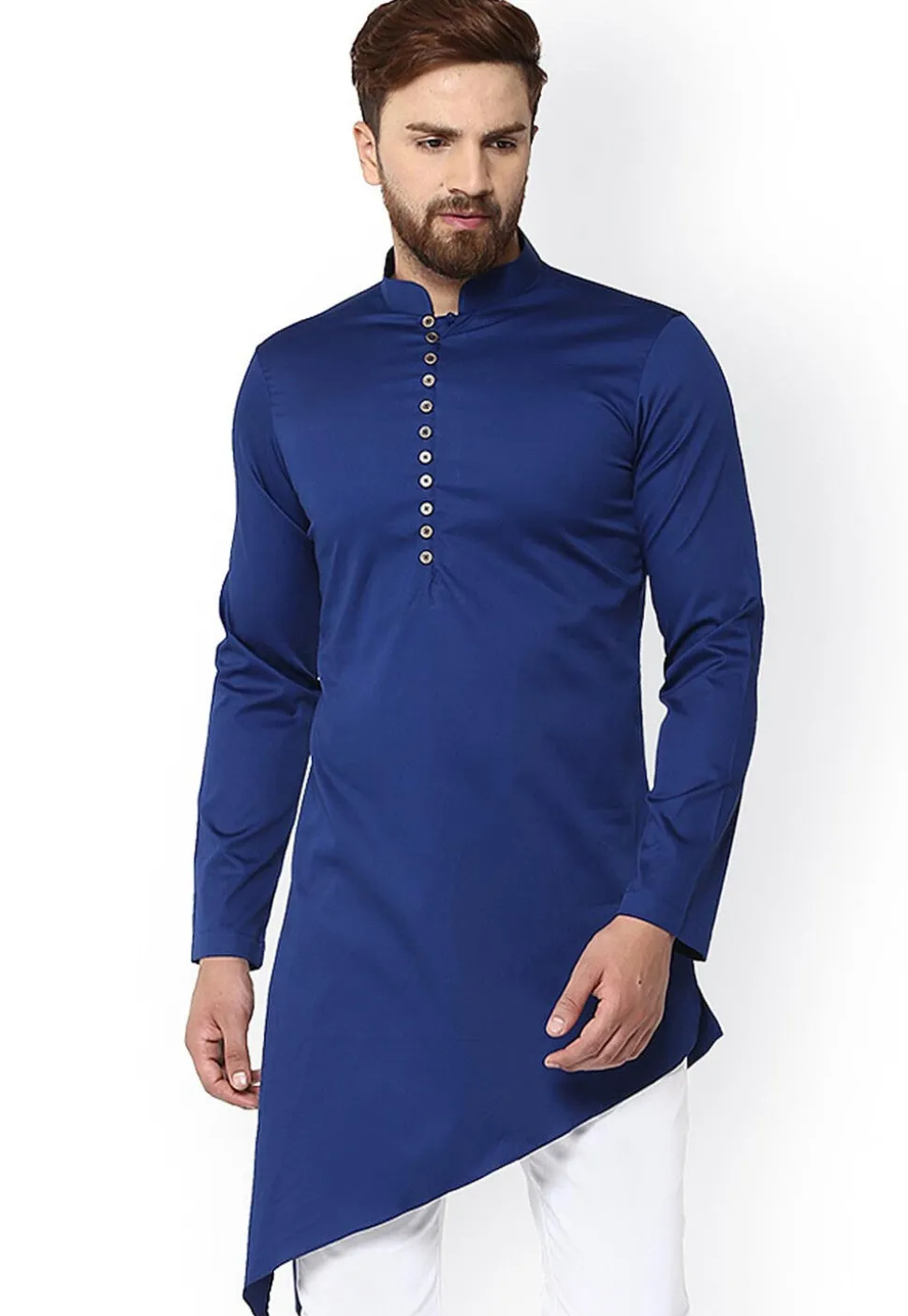 Solid Color Cotton Asymmetric Kurta in Royal Blue