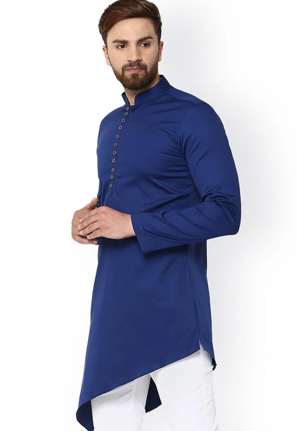 Solid Color Cotton Asymmetric Kurta in Royal Blue