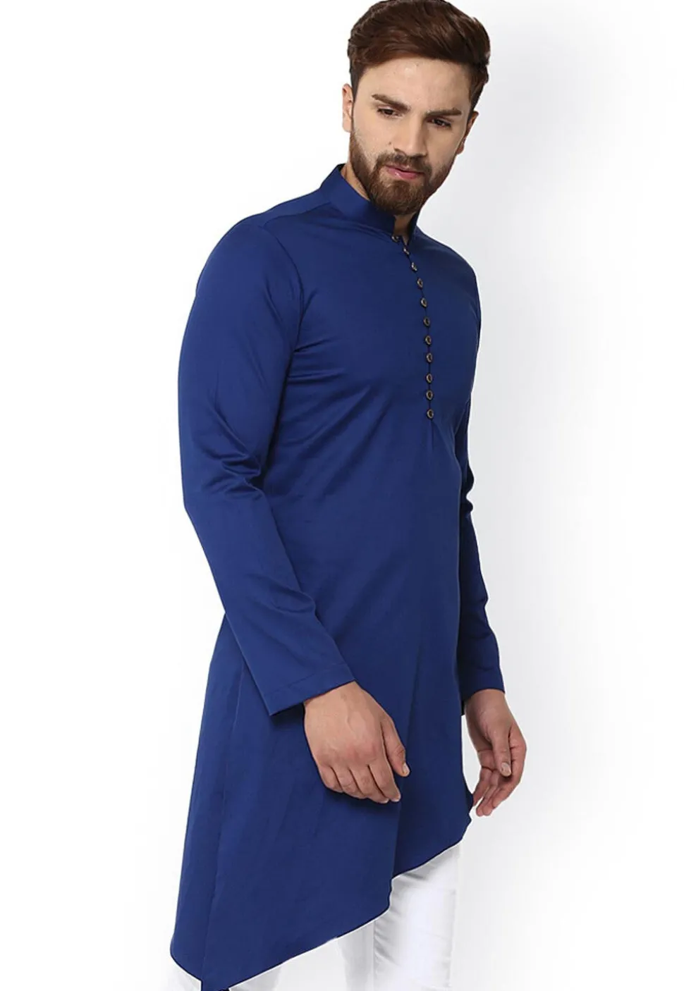 Solid Color Cotton Asymmetric Kurta in Royal Blue