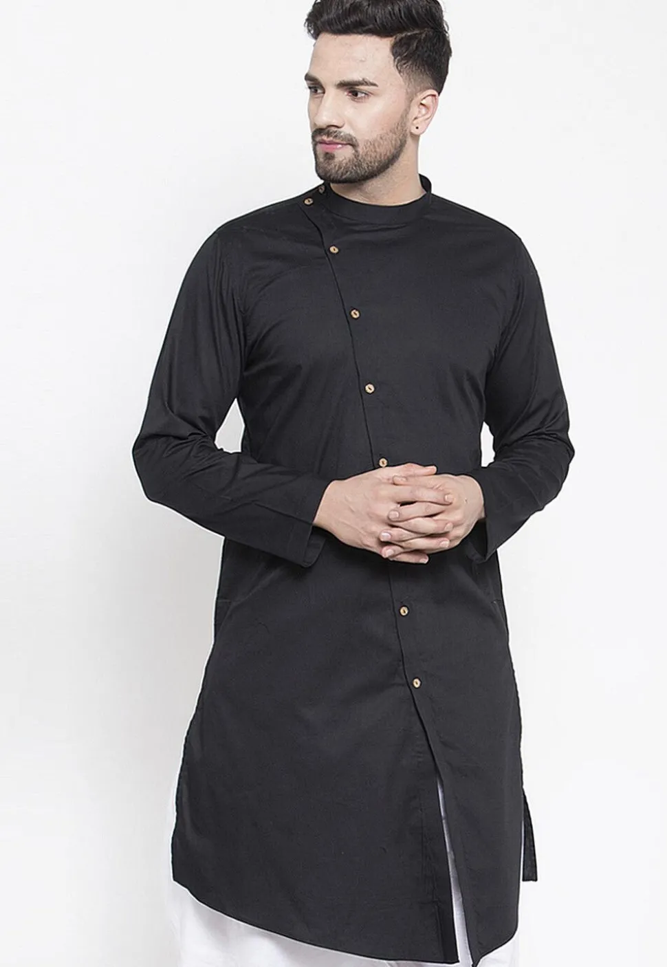 Solid Color Cotton Asymmetric Kurta in Black