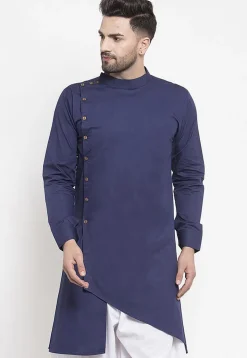 Solid Color Cotton Asymmetric Kurta in Navy Blue