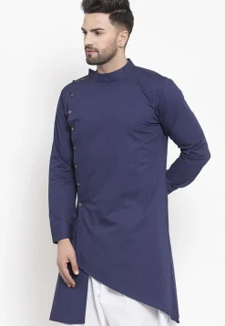 Solid Color Cotton Asymmetric Kurta in Navy Blue