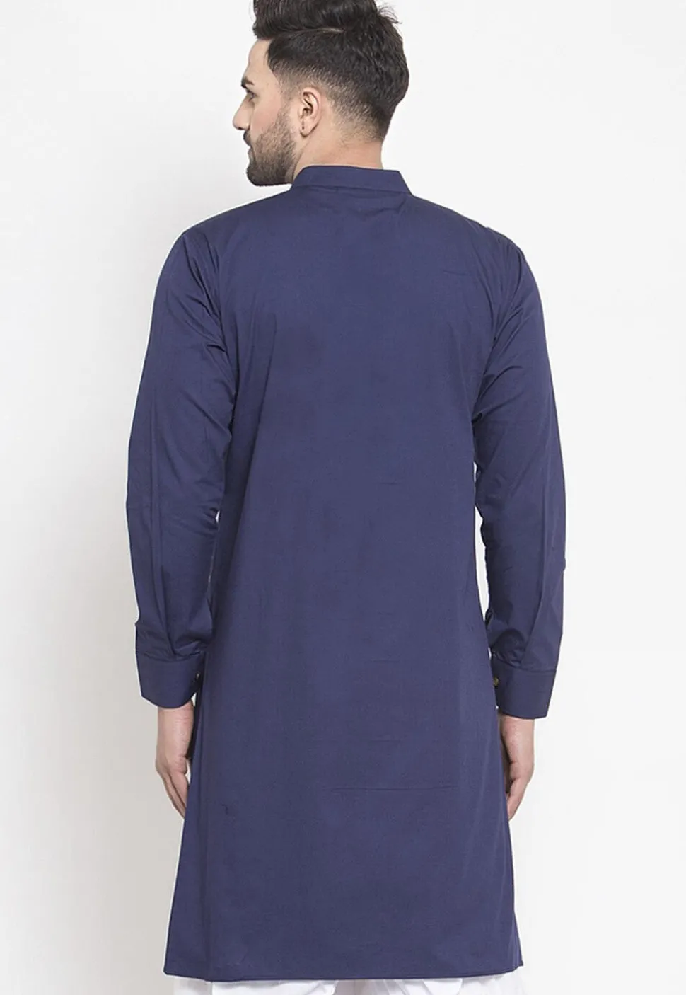 Solid Color Cotton Asymmetric Kurta in Navy Blue