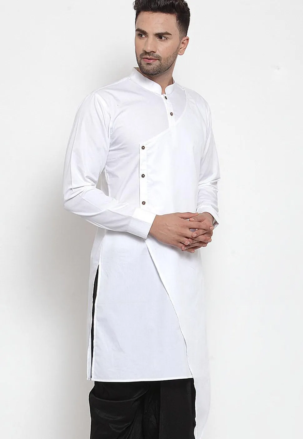 Solid Color Cotton Asymmetric Kurta in White