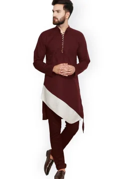 Solid Color Cotton Asymmetric Kurta in Maroon