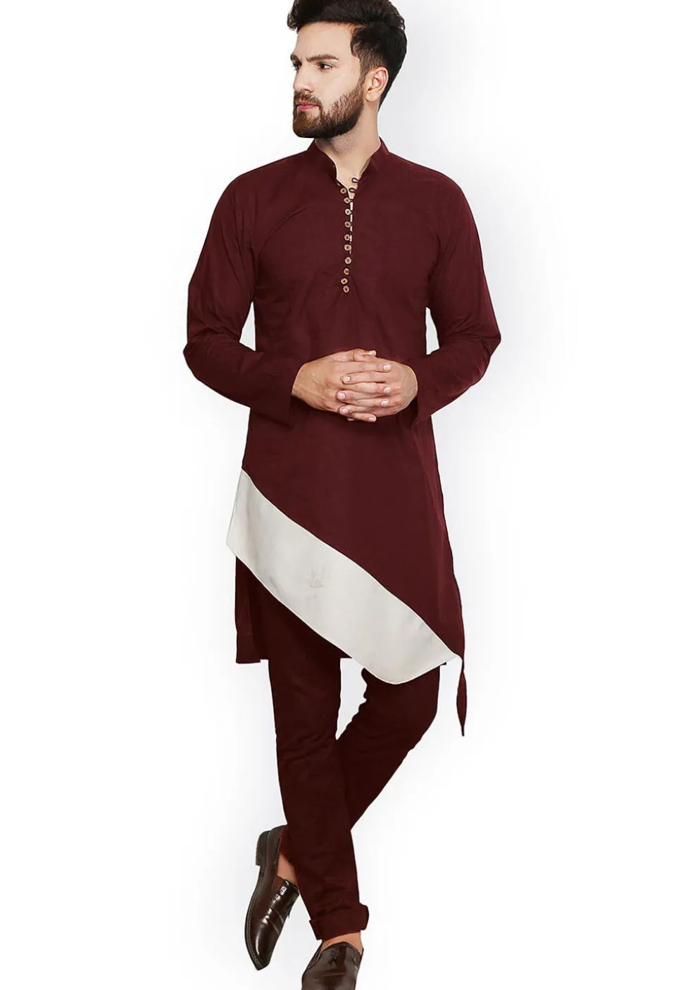 Solid Color Cotton Asymmetric Kurta in Maroon