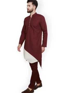 Solid Color Cotton Asymmetric Kurta in Maroon