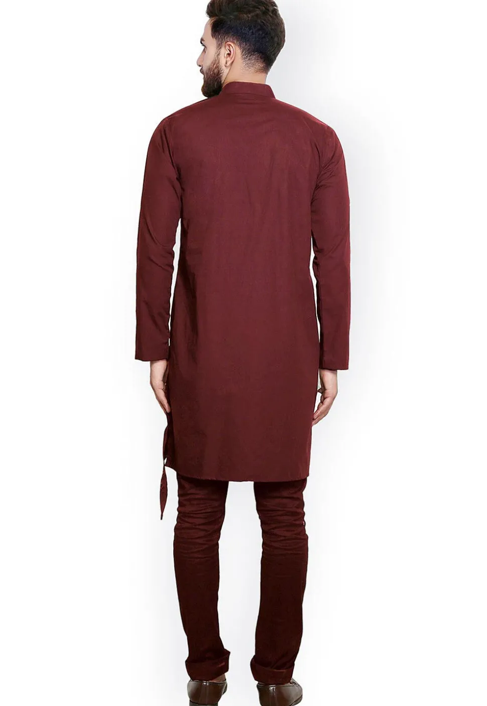 Solid Color Cotton Asymmetric Kurta in Maroon