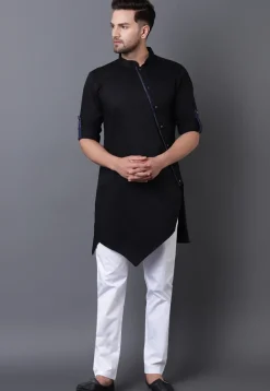 Solid Color Cotton Asymmetric Kurta in Black