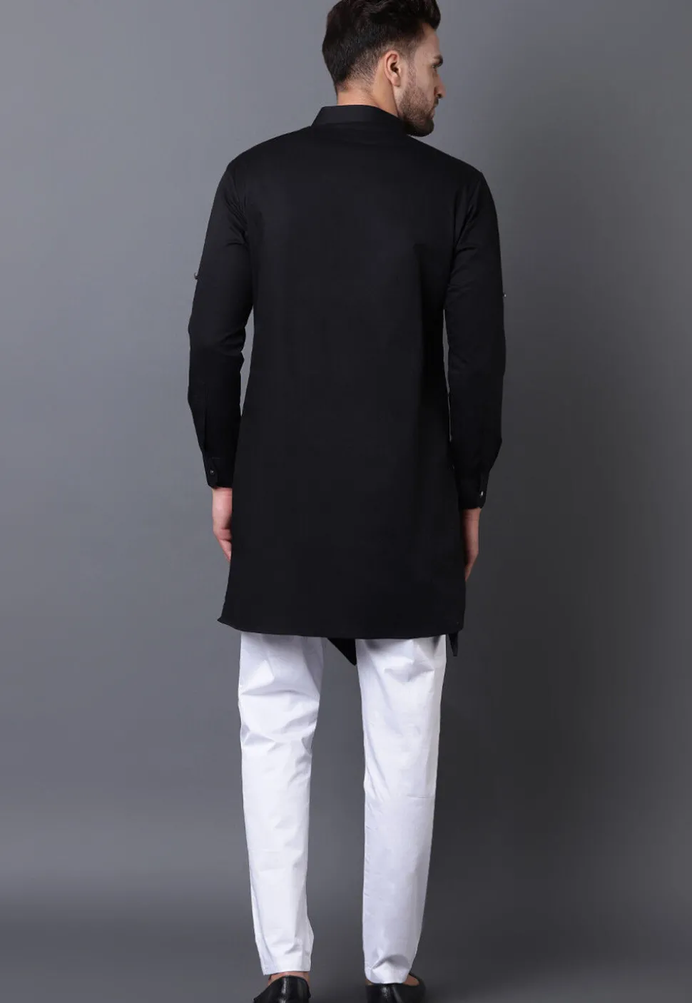 Solid Color Cotton Asymmetric Kurta in Black