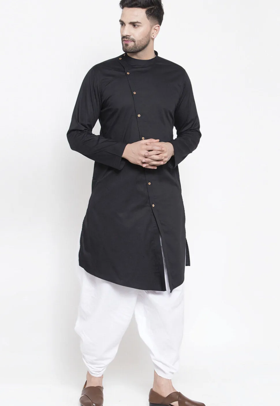 Solid Color Cotton Asymmetric Dhoti Kurta in Black