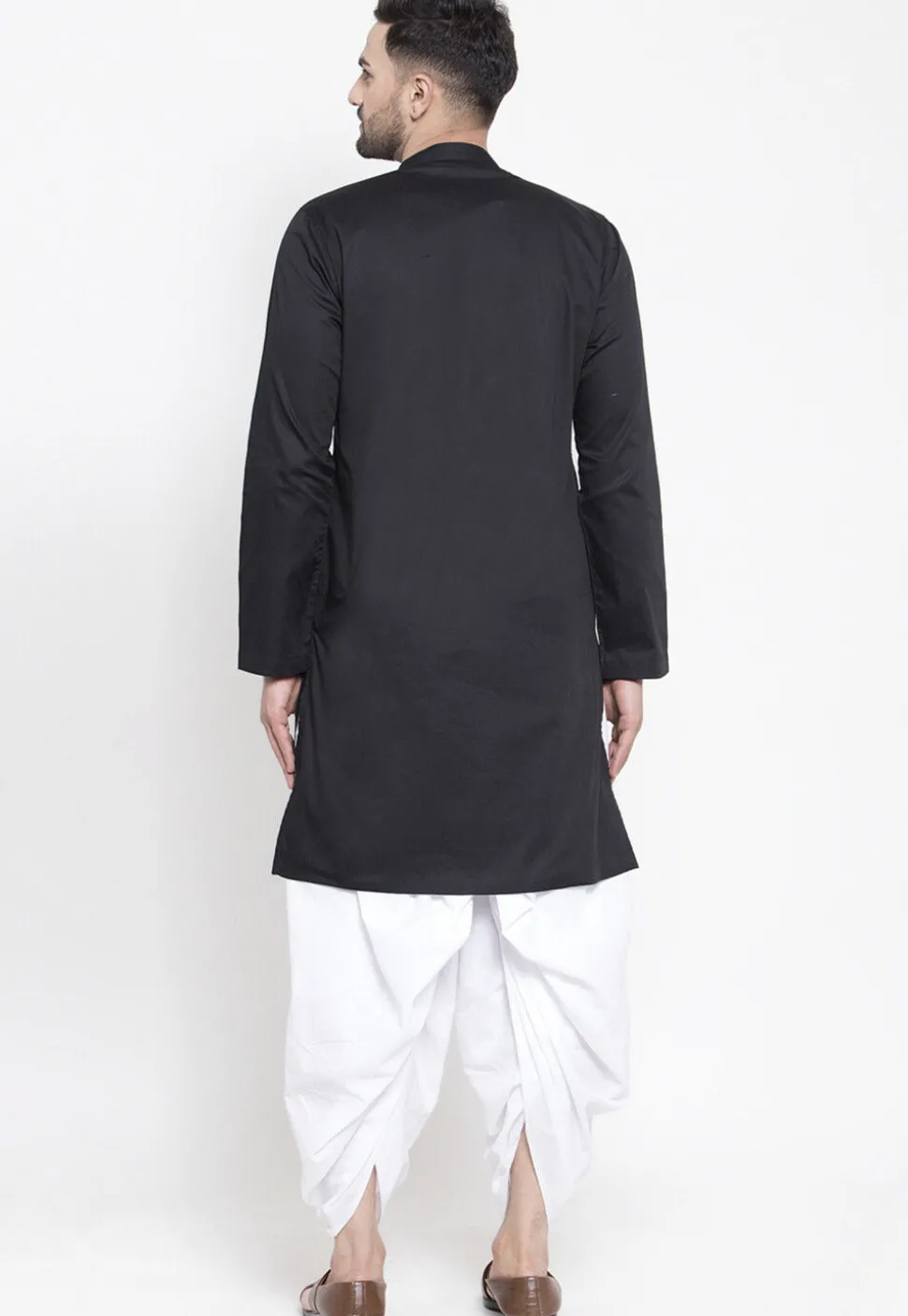 Solid Color Cotton Asymmetric Dhoti Kurta in Black