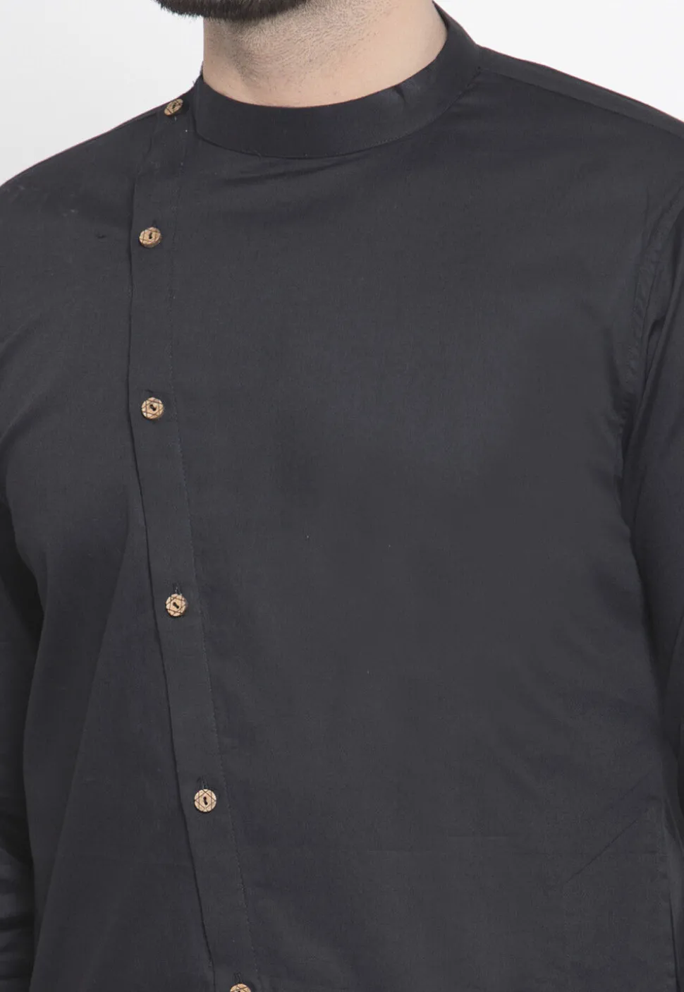 Solid Color Cotton Asymmetric Dhoti Kurta in Black