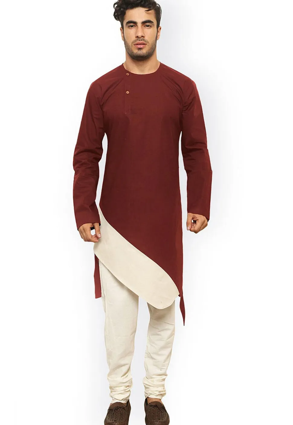 Solid Color Cotton Asymmetric Kurta in Maroon