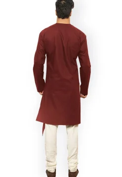 Solid Color Cotton Asymmetric Kurta in Maroon