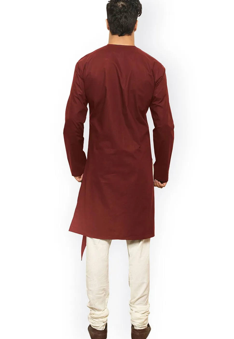 Solid Color Cotton Asymmetric Kurta in Maroon
