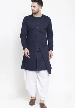 Solid Color Cotton Asymmetric Dhoti Kurta in Navy Blue