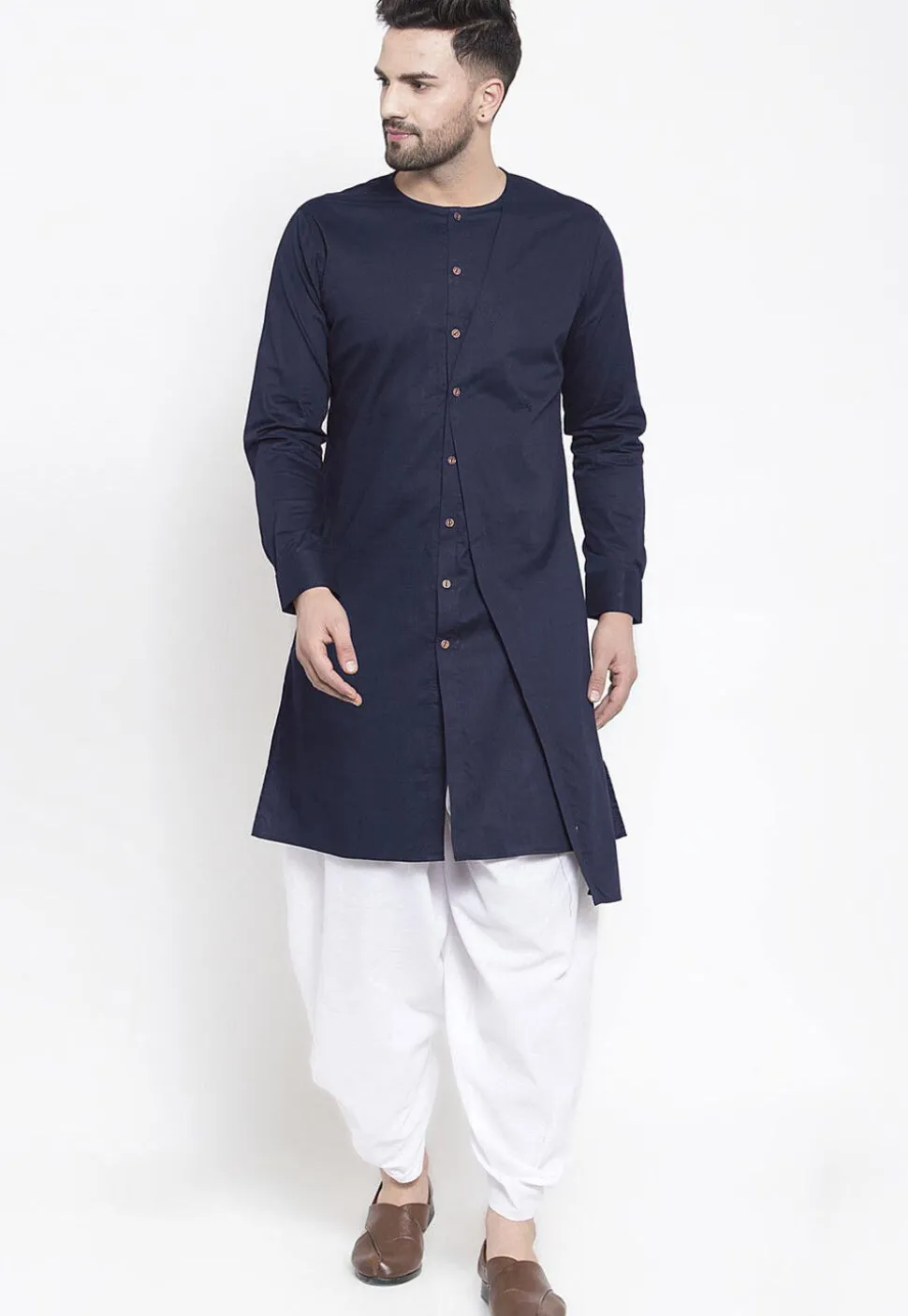 Solid Color Cotton Asymmetric Dhoti Kurta in Navy Blue