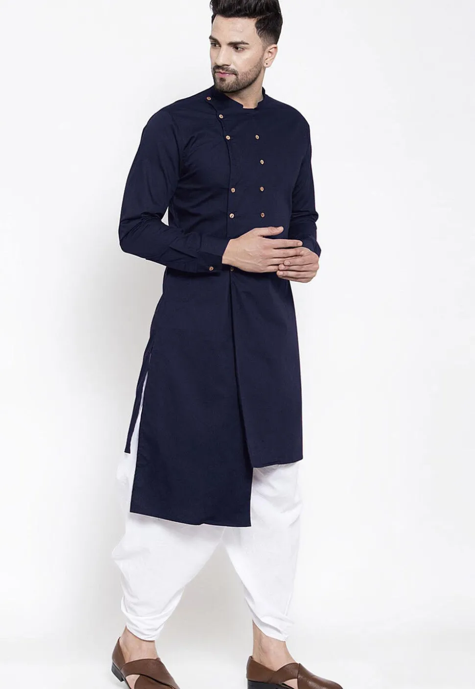 Solid Color Cotton Asymmetric Dhoti Kurta in Navy Blue