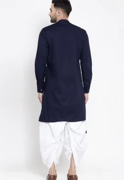 Solid Color Cotton Asymmetric Dhoti Kurta in Navy Blue