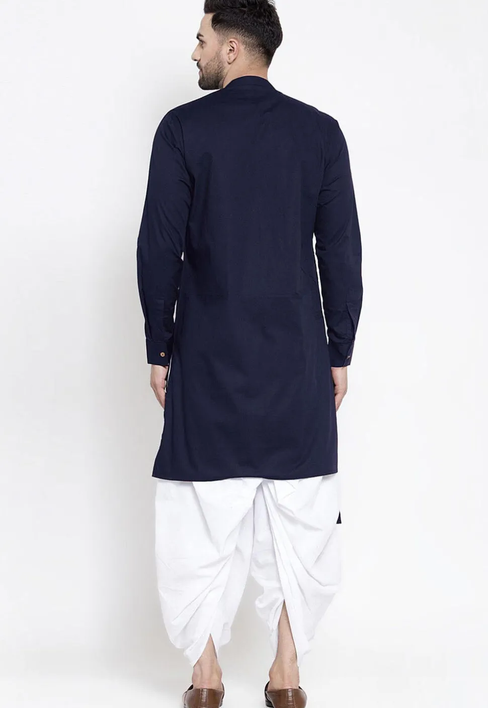 Solid Color Cotton Asymmetric Dhoti Kurta in Navy Blue