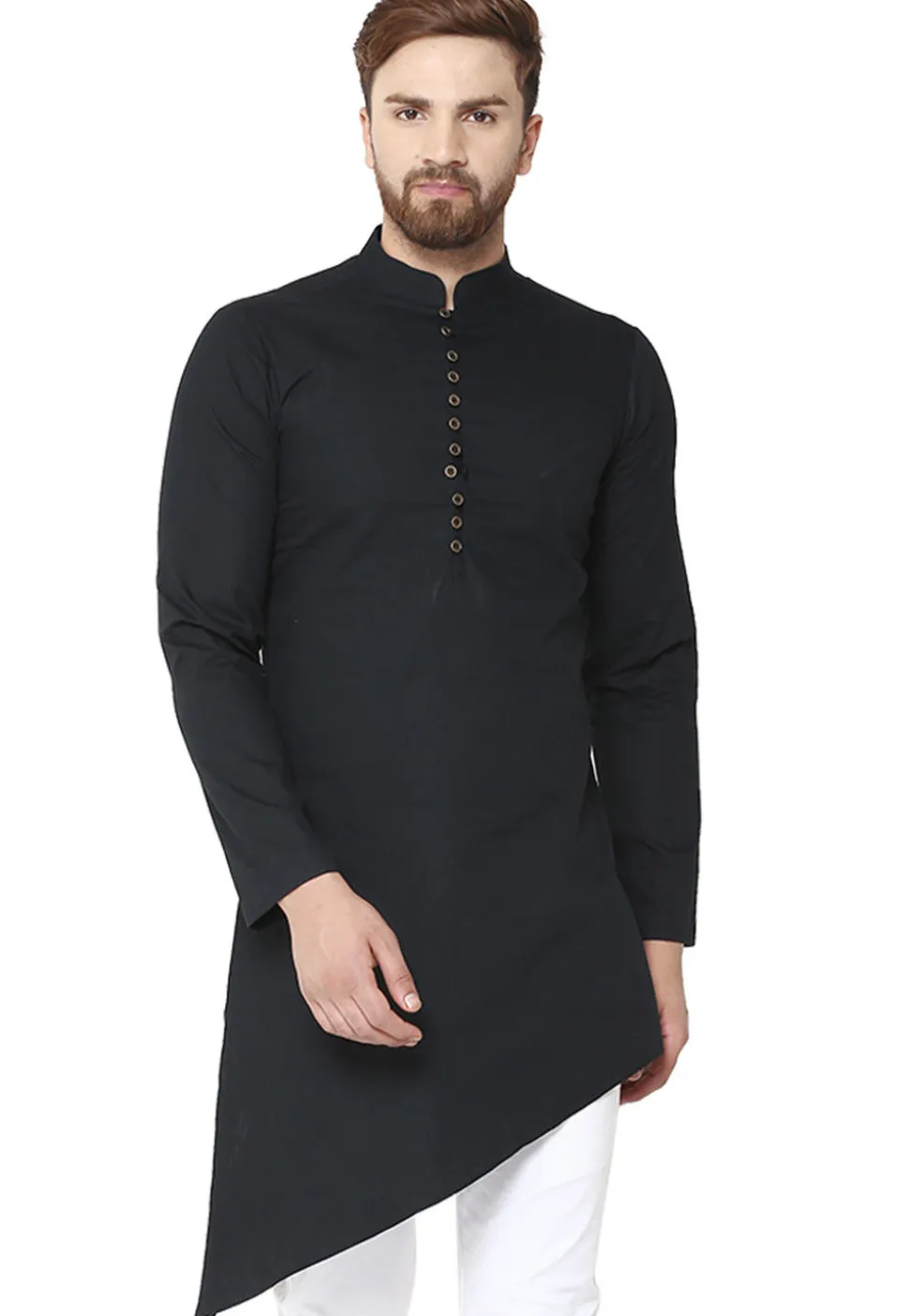 Solid Color Cotton Asymmetric Kurta in Black