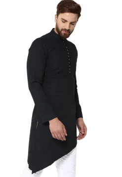 Solid Color Cotton Asymmetric Kurta in Black