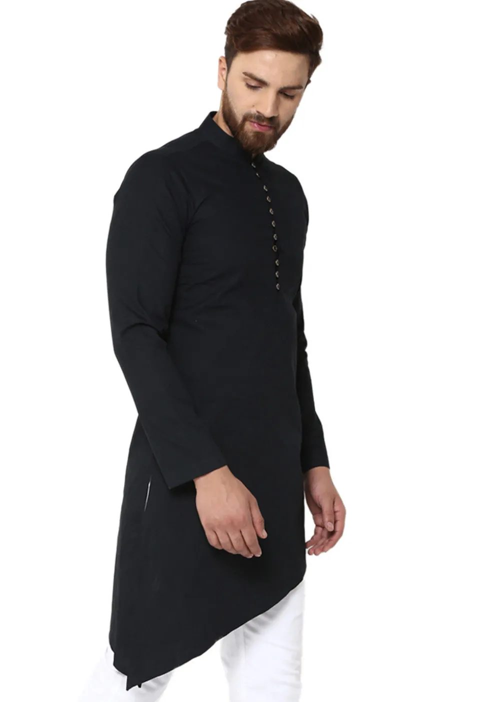 Solid Color Cotton Asymmetric Kurta in Black