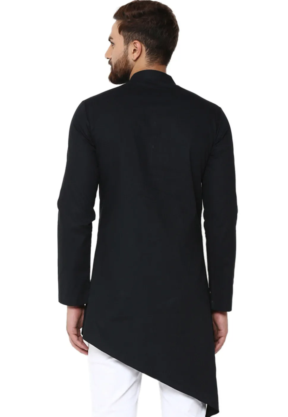 Solid Color Cotton Asymmetric Kurta in Black